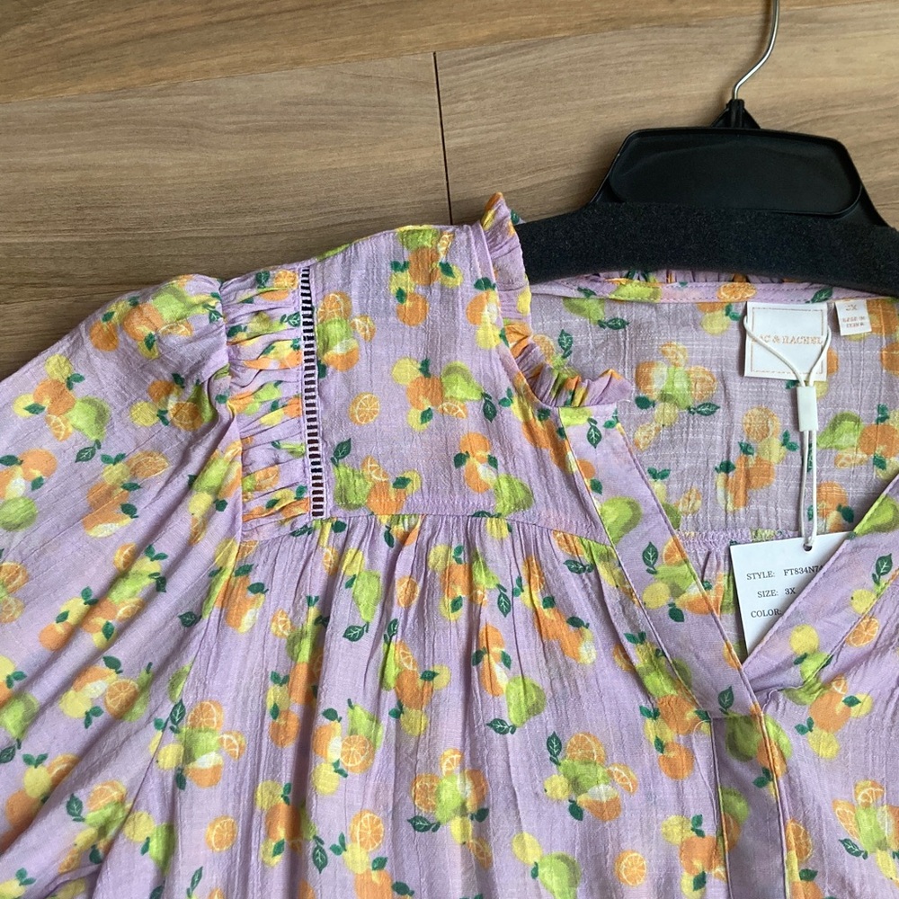 Zac & Rachel top boho lemon and fruit print crochet like details lavender 3X - Picture 5 of 17